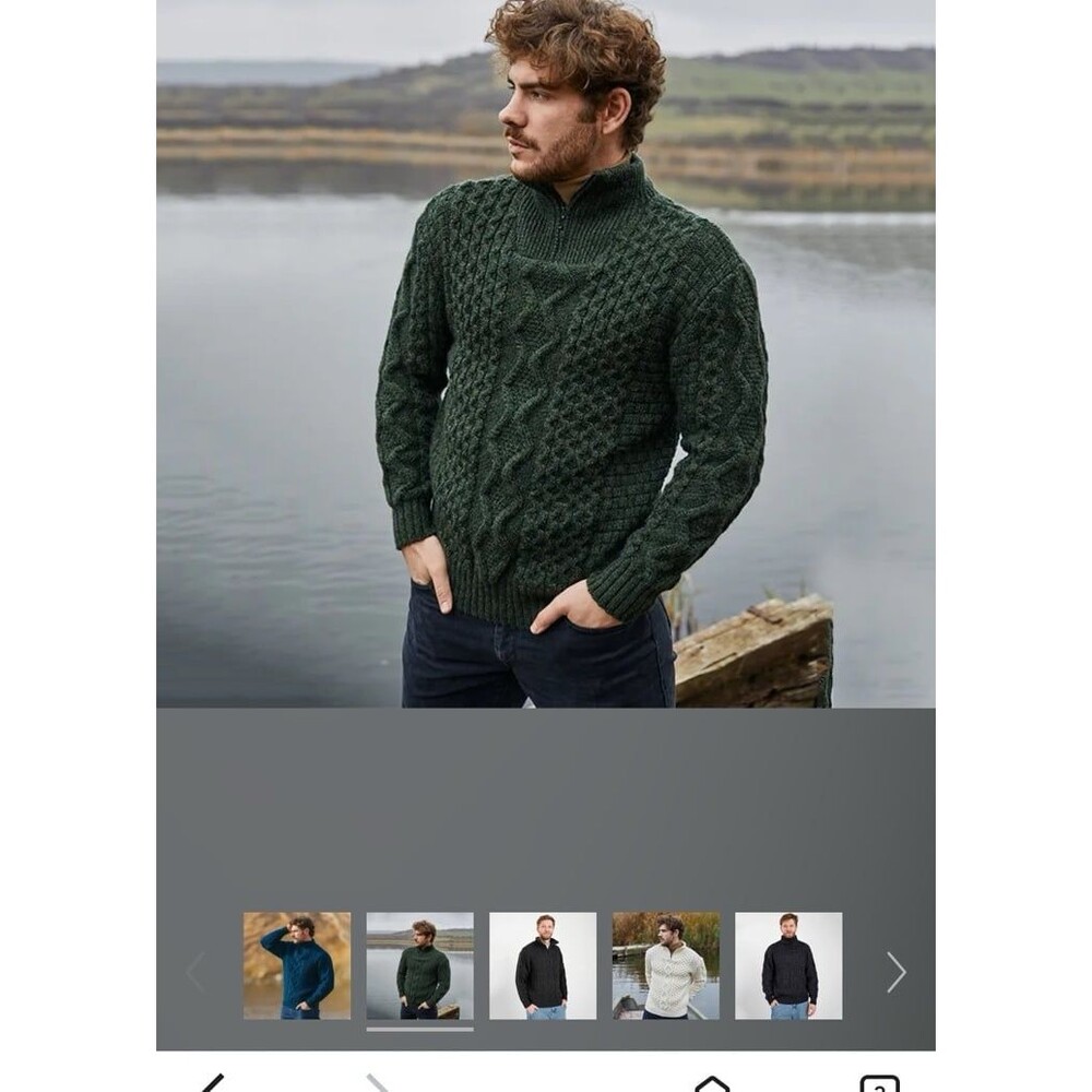 Aran crafts men’s size L large Irish merino 1/2 zip sweater turquoise blue